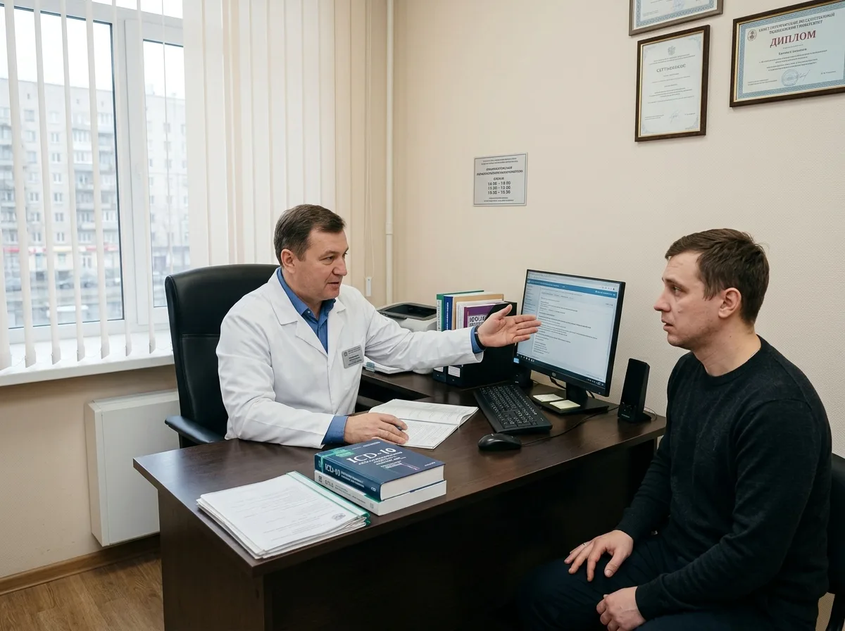 Процедура кодирования от алкоголизма в медицинском кабинете в Санкт-Петербурге, врач-нарколог и пациент, стерильная обстановка, профессиональная атмосфера