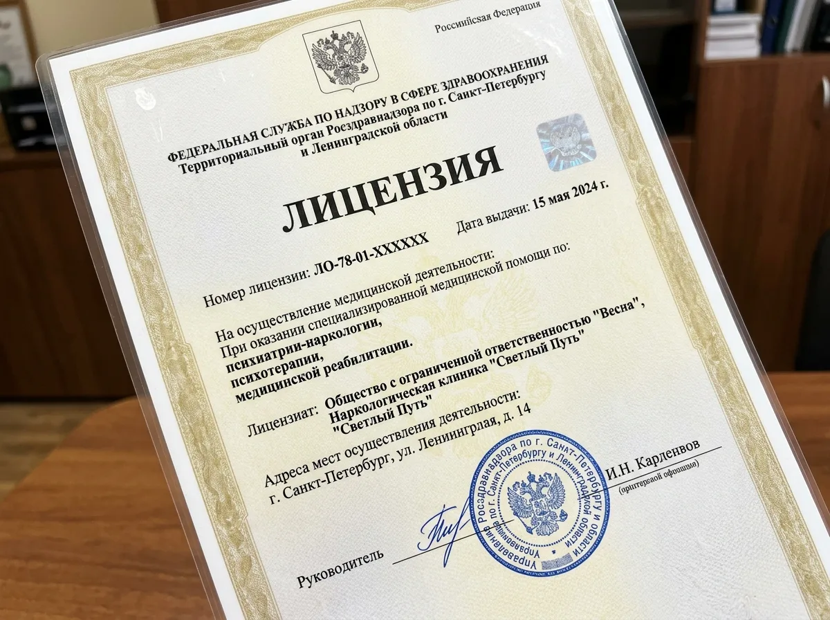 Медицинская лицензия Росздравнадзора наркологической клиники в Санкт-Петербурге, официальный документ с печатью и подписью